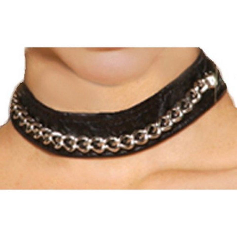 Elegant Moments Leather Collar Choker With Chain Detail - O/S - Black