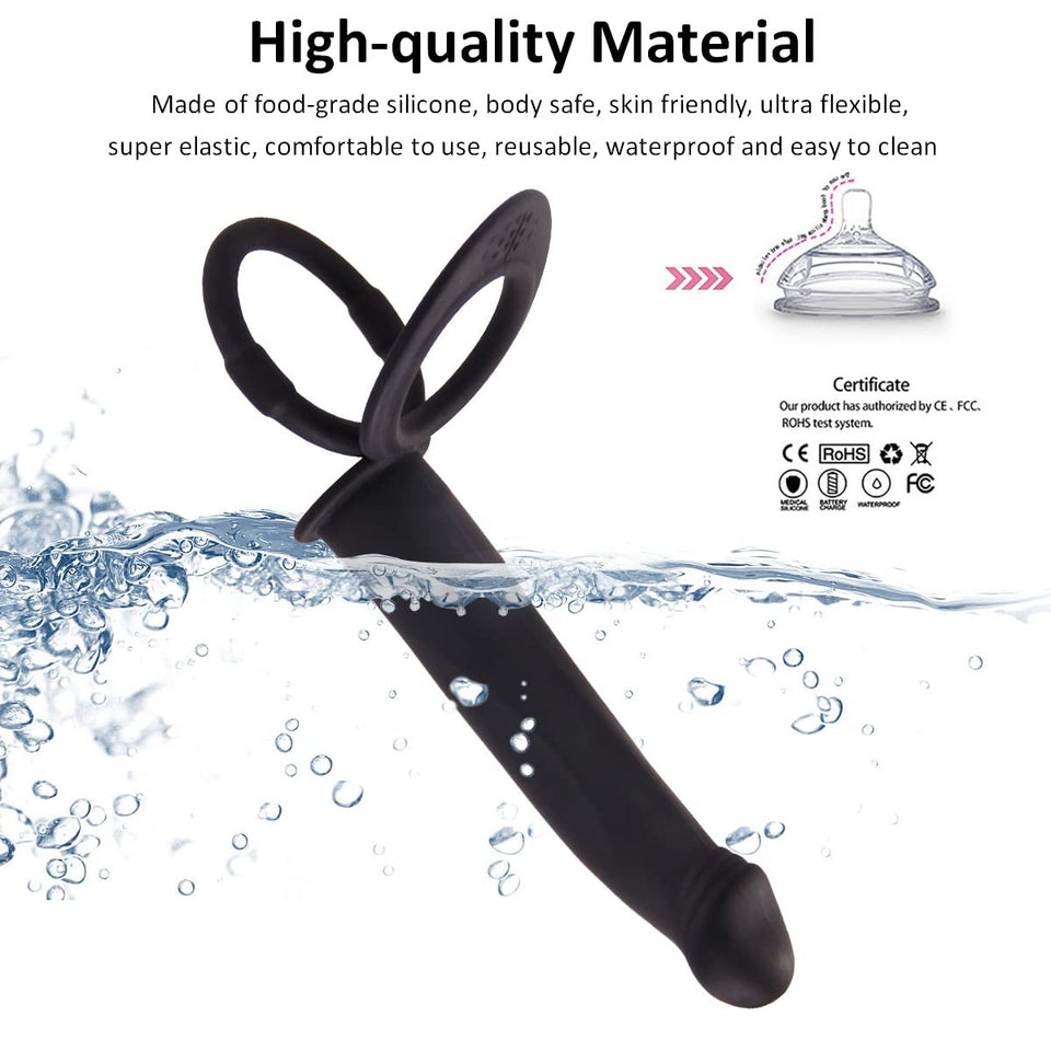 Silicone Strap On Penis Butt Plug, Double Penetration Dildo Vibrator with Cock Ring, Delay Ejaculation Anus Plug Massager Adult