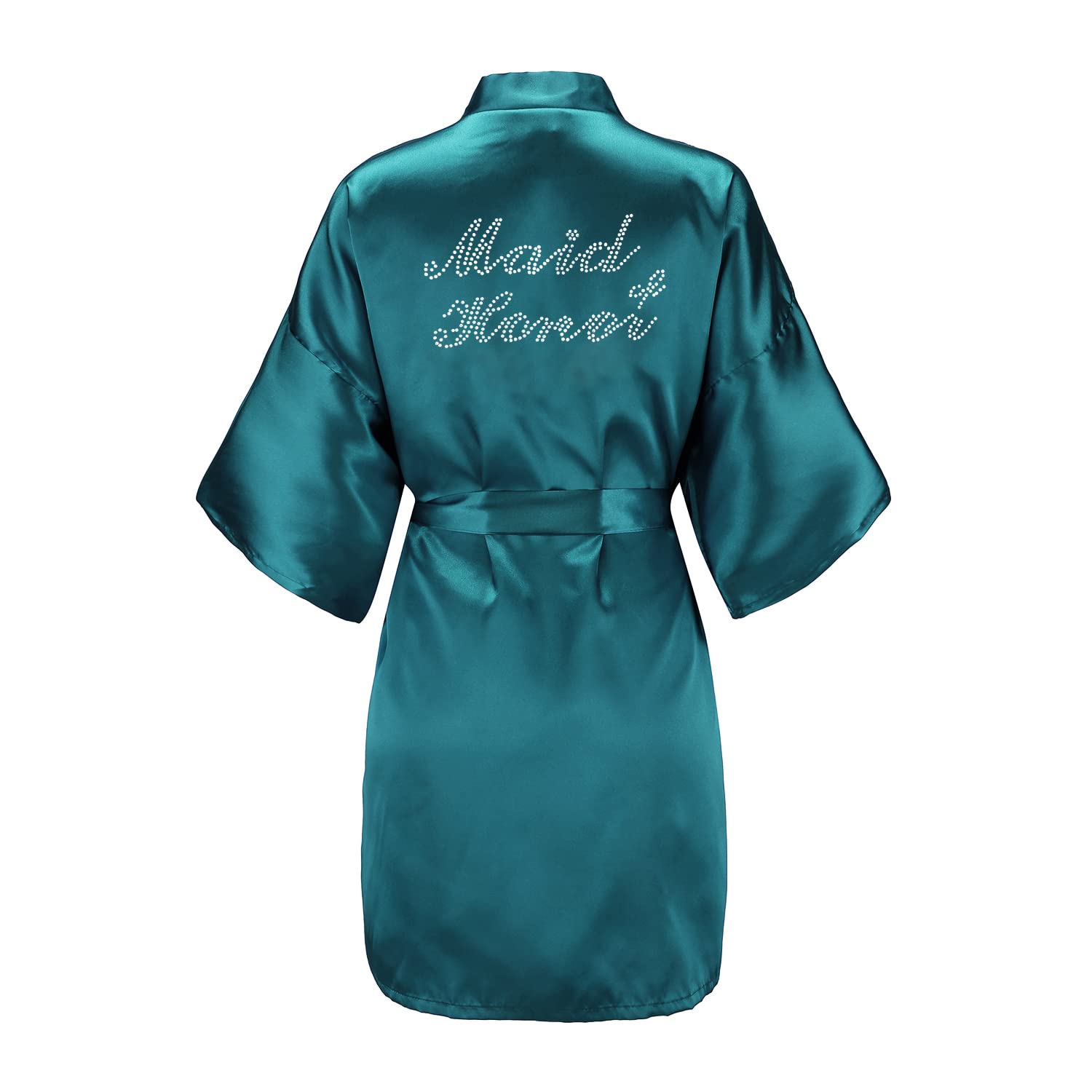 EPLAZA Womens One Size Silver Rhinestones Bride Bridesmaid Short Satin Robes for Wedding Party Getting Ready (Dark green, Maid 