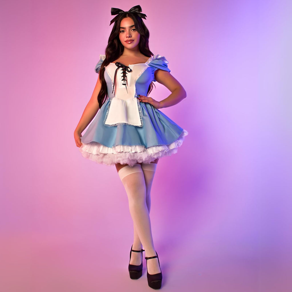 3 PC Storybook Alice, includes stretch twill lace up apron dress with built in petticoat, pin on back bow, and bow headband.