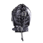 Full Face Mask Head Hood Faux Leather Open Mouth Bondage Restraints Face Mask with Lid, Fetish BDSM SM Game Blindfold, Full Head