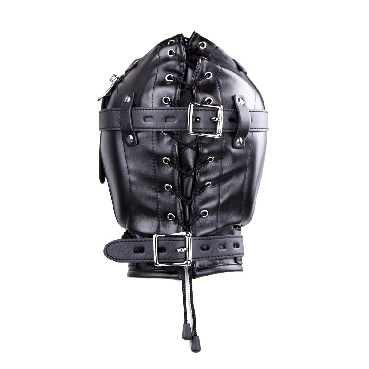 Full Face Mask Head Hood Faux Leather Open Mouth Bondage Restraints Face Mask with Lid, Fetish BDSM SM Game Blindfold, Full Head