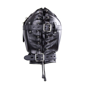 Full Face Mask Head Hood Faux Leather Open Mouth Bondage Restraints Face Mask with Lid, Fetish BDSM SM Game Blindfold, Full Head