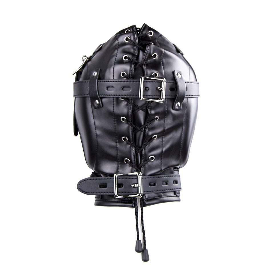 Full Face Mask Head Hood Faux Leather Open Mouth Bondage Restraints Face Mask with Lid, Fetish BDSM SM Game Blindfold, Full Head