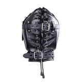 Full Face Mask Head Hood Faux Leather Open Mouth Bondage Restraints Face Mask with Lid, Fetish BDSM SM Game Blindfold, Full Head