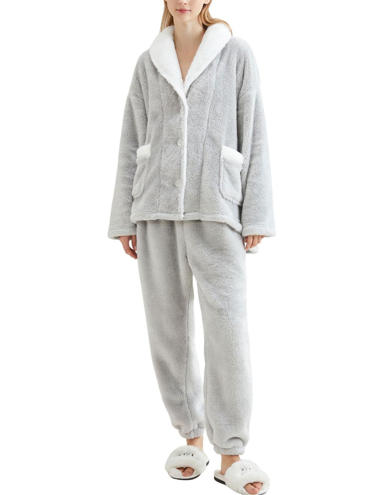 Gihuo Womens Pajamas Set Fluffy 2 Piece Pjs Fuzzy Top Pants Loose Coral Fleece Loungewear Sleepwear Winter Warm Pj(LightGrey-L)