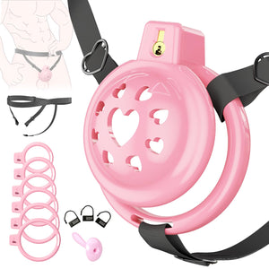 Lovely Pink Male Chastity Cage, Lightweight Chastity Devices with Soft Silicone Head 6 Cock Rings, Penis Bondage Gear Cock Cage 