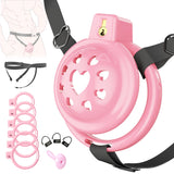 Lovely Pink Male Chastity Cage, Lightweight Chastity Devices with Soft Silicone Head 6 Cock Rings, Penis Bondage Gear Cock Cage 