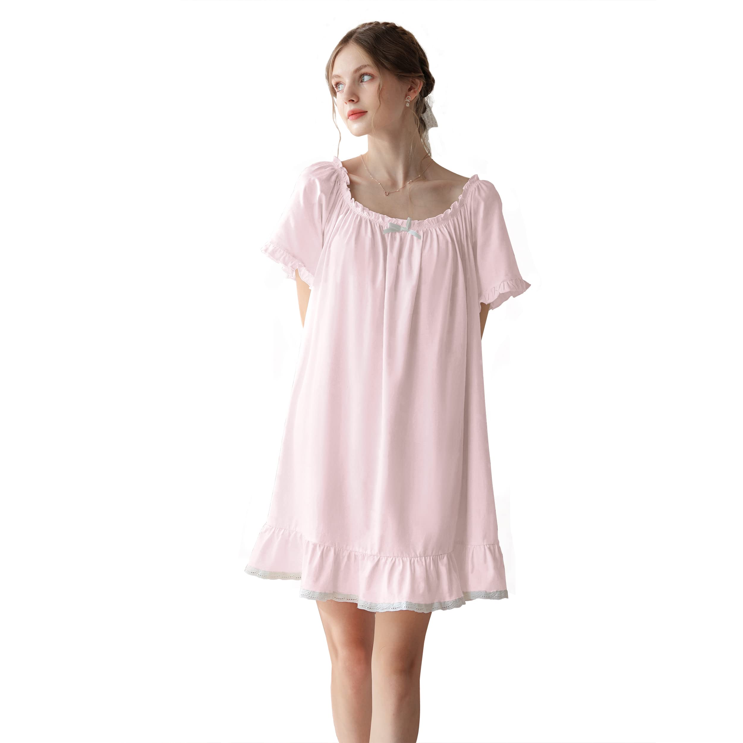 COSOSA Womens Cotton Nightgowns Vintage Lightweight Gown Sets Short Sleeve Princess Nightdress(Pink,L)