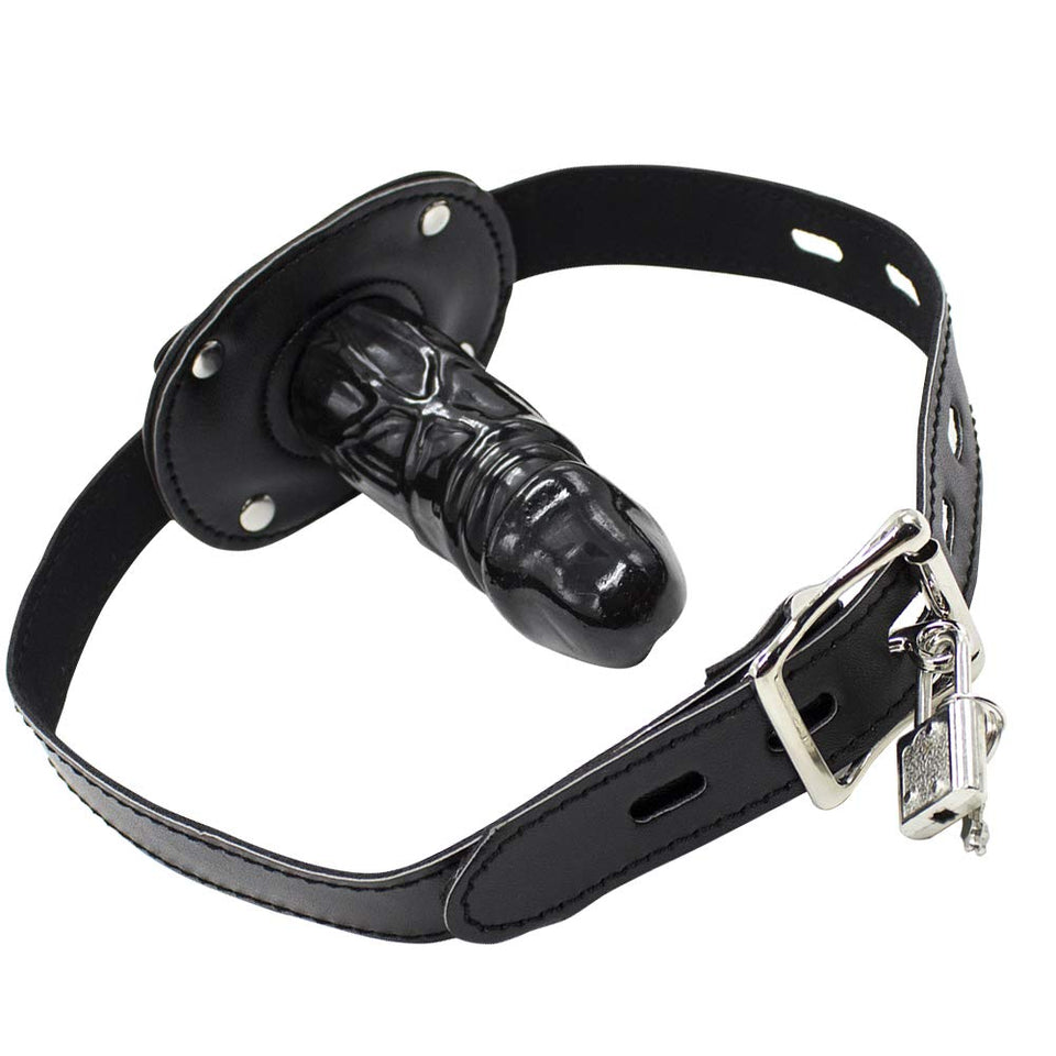 Lockable Dildo Mouth Gag SM Realistic Black Silicon Penis Gag Adjustable Leather Strap On with Lock Fantasy Sex Toys for Couple