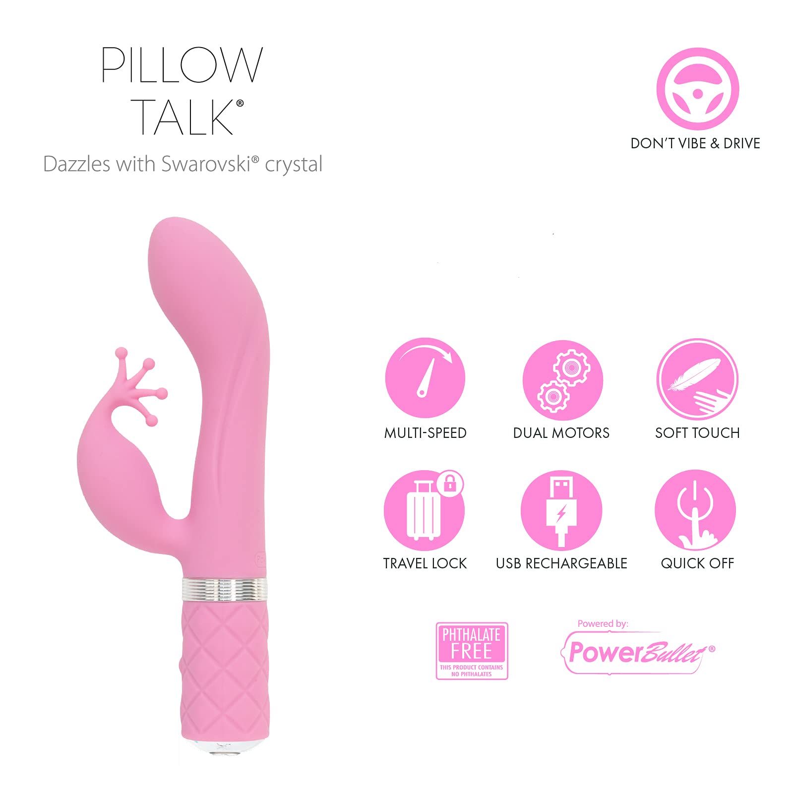 Pillow Talk Kinky Massager, Multi Speed With Swarovski Crystal Button, Usb Rechargeable (Pink)