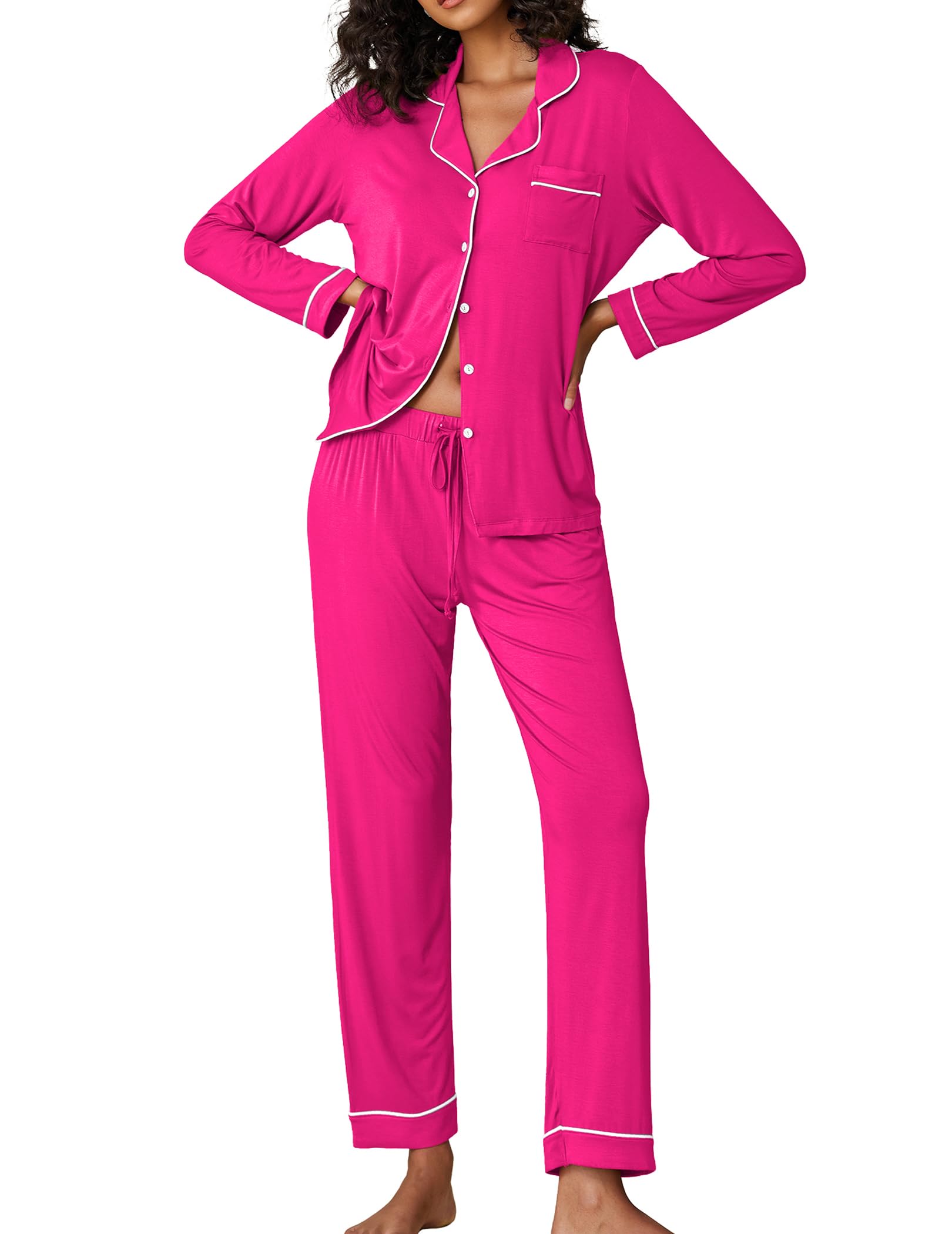 Ekouaer Pajamas Womens Long Sleeve Sleepwear Soft Button Down Loungewear Pjs Lounge Set Nightwear,Rose,Small