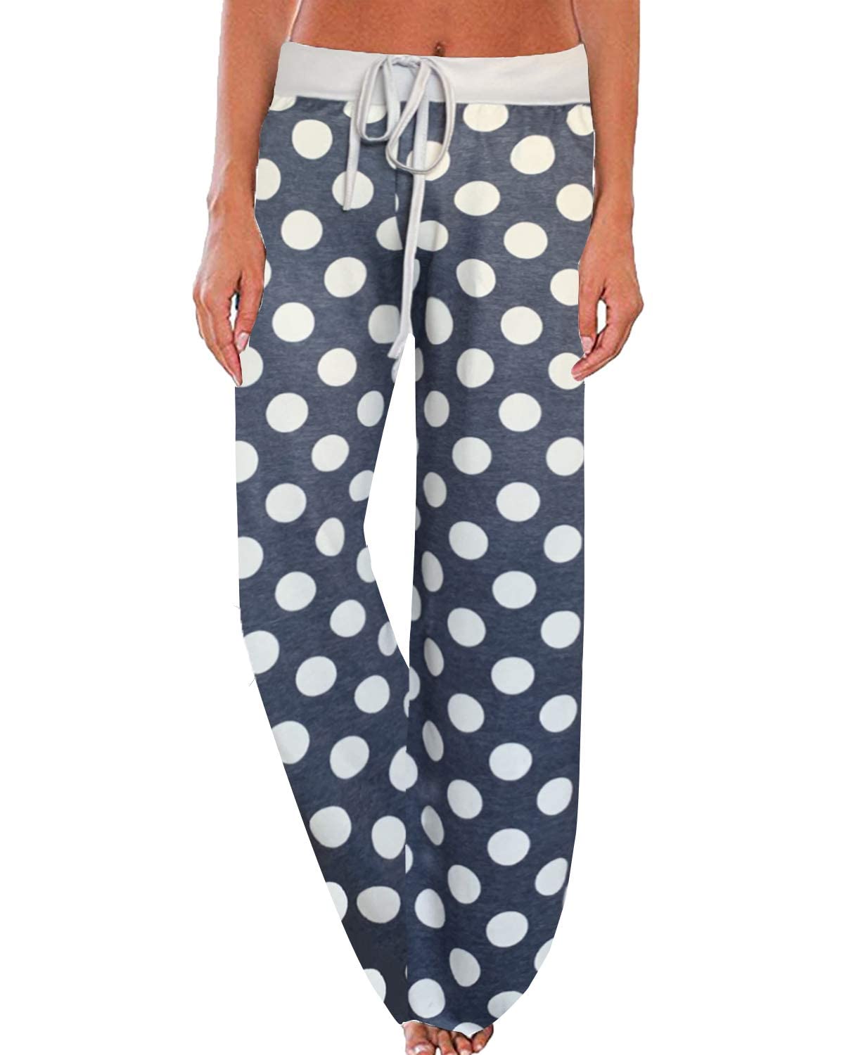 NEWCOSPLAY Womens Comfy Pajama Pants Casual Drawstring Palazzo Lounge Wide Leg Pants (Grey Dots, Small)