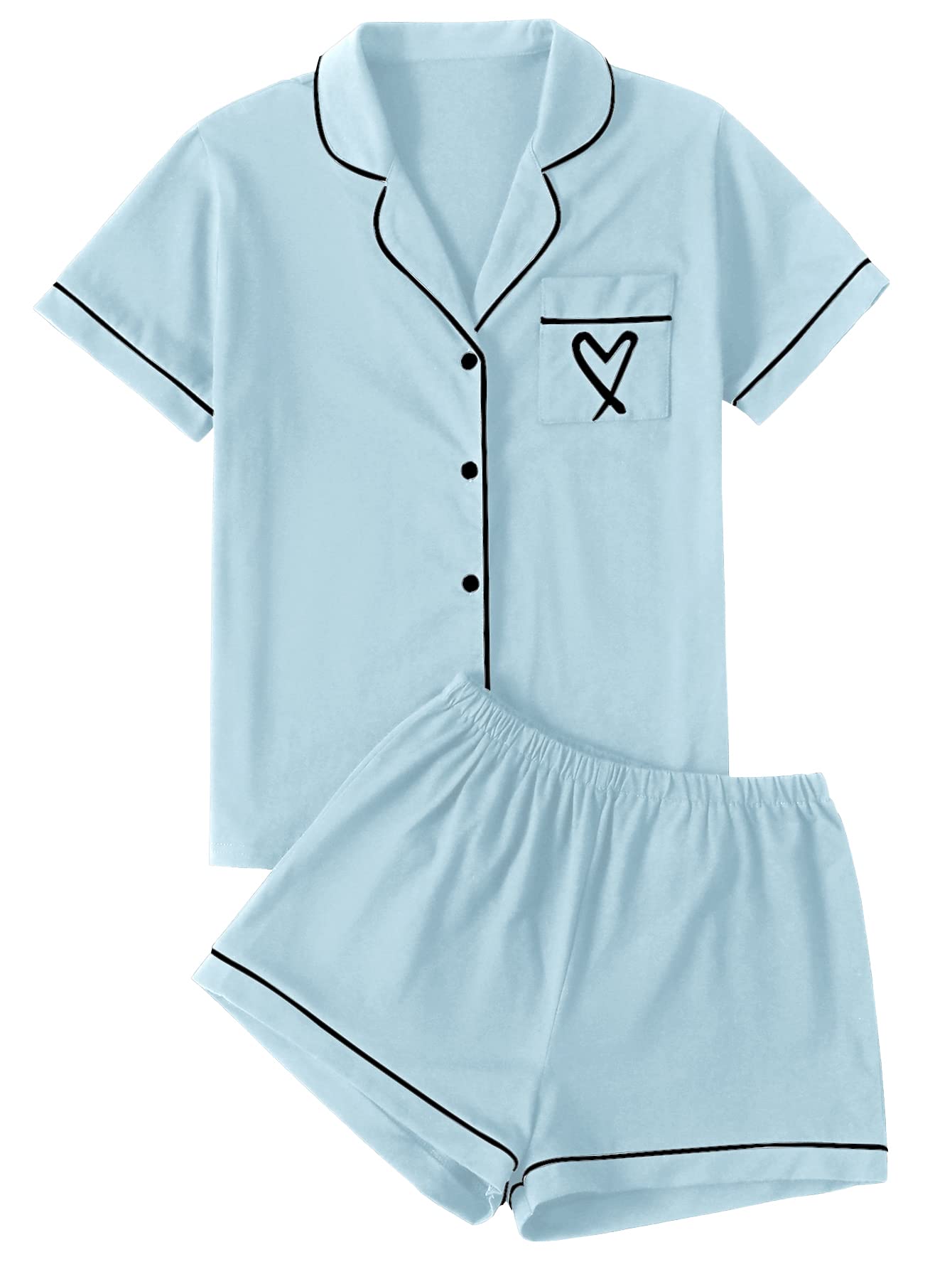 LYANER Womens Pajamas Set Heart Print Button Short Sleeve Shirt with Shorts Sleepwear PJs Set Light Blue X-Large