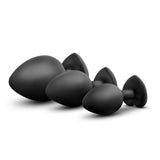 Blush Novelties Luxe - Anal Bling Butt Plug Heart Shape Gem Sex Toy 3 Piece Training Kit Soft Satin Silicone - Black Rainbow Gem