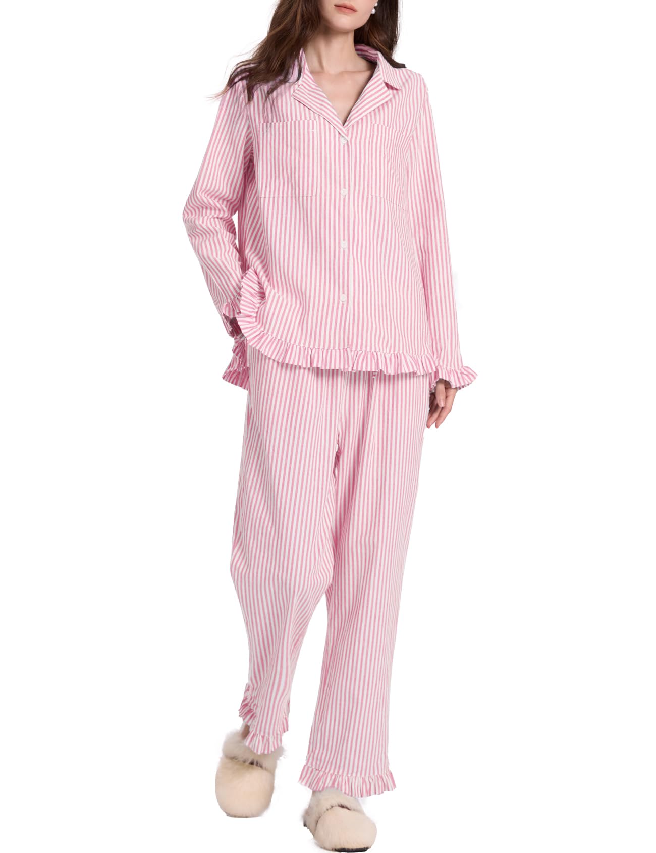 Rousytn Womens Cotton Pajama Sets Long Sleeve Button Down Striped 2 Piece Pjs Ruffle Sleepwear with Long Pants Lounge Set(Pink-L