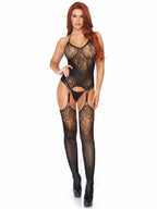 Leg Avenue Womens Lace Jacquard Fishnet Suspender Bodystocking Lingerie Set, Black, 1X-2X Us