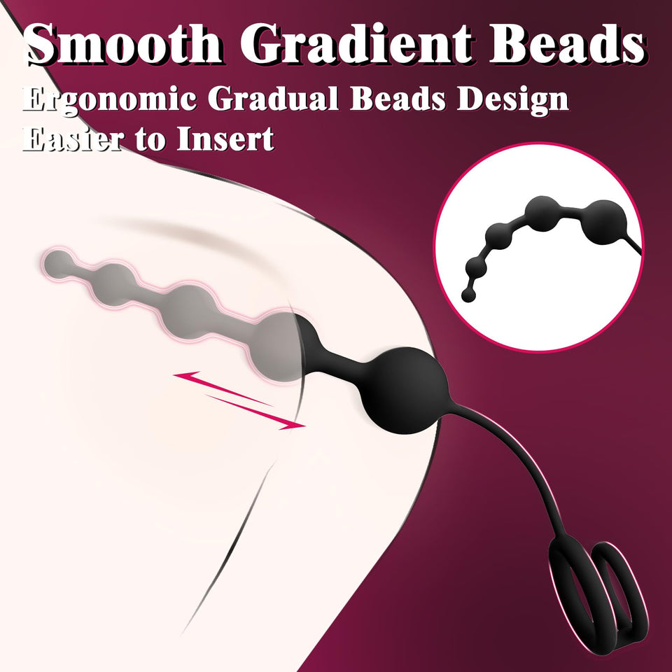 Anal Beads Butt Plug with Penis Cock Rings Adult Anal Sex Toys for Women Men, Flexible Silicone Anal Plug Prostate Massager Grad
