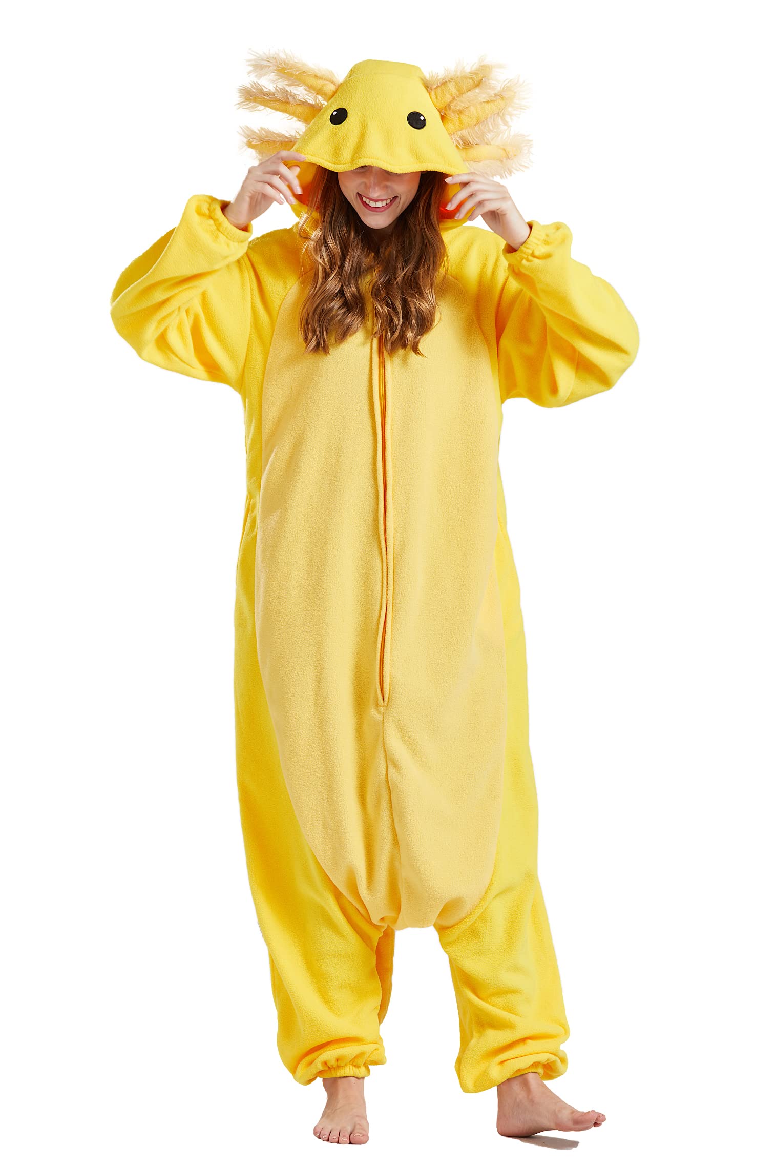 DELEY Unisex Yellow Axolotl Onesie Adult Pajamas Halloween Cosplay Costume Animal Jumpsuit Homewear Sleepwear Yellow Axolotl