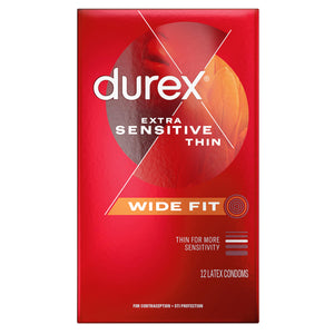 Durex Extra Sensitive Lubricated Ultra Thin Premium Latex Condoms, Wide Fit, 12 Count
