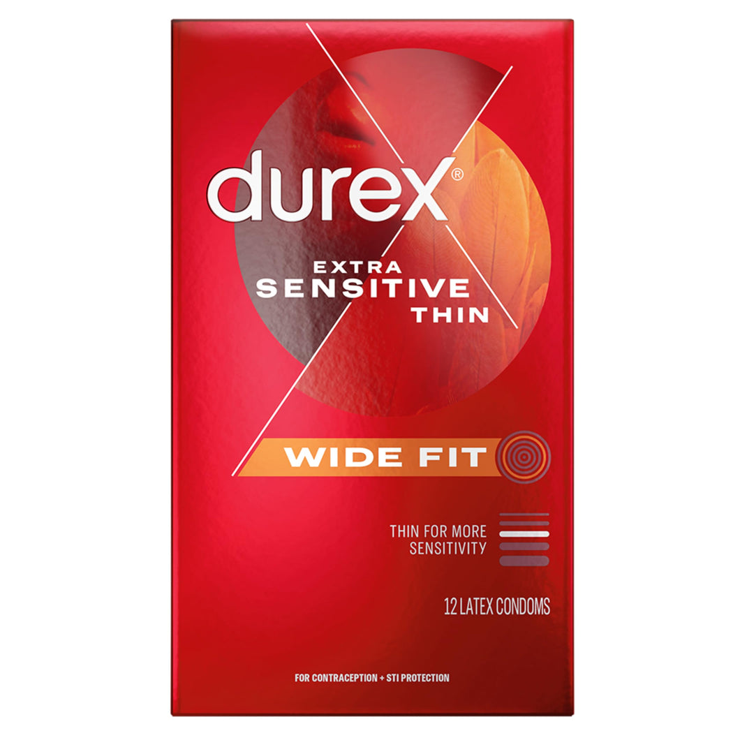 Durex Extra Sensitive Lubricated Ultra Thin Premium Latex Condoms, Wide Fit, 12 Count