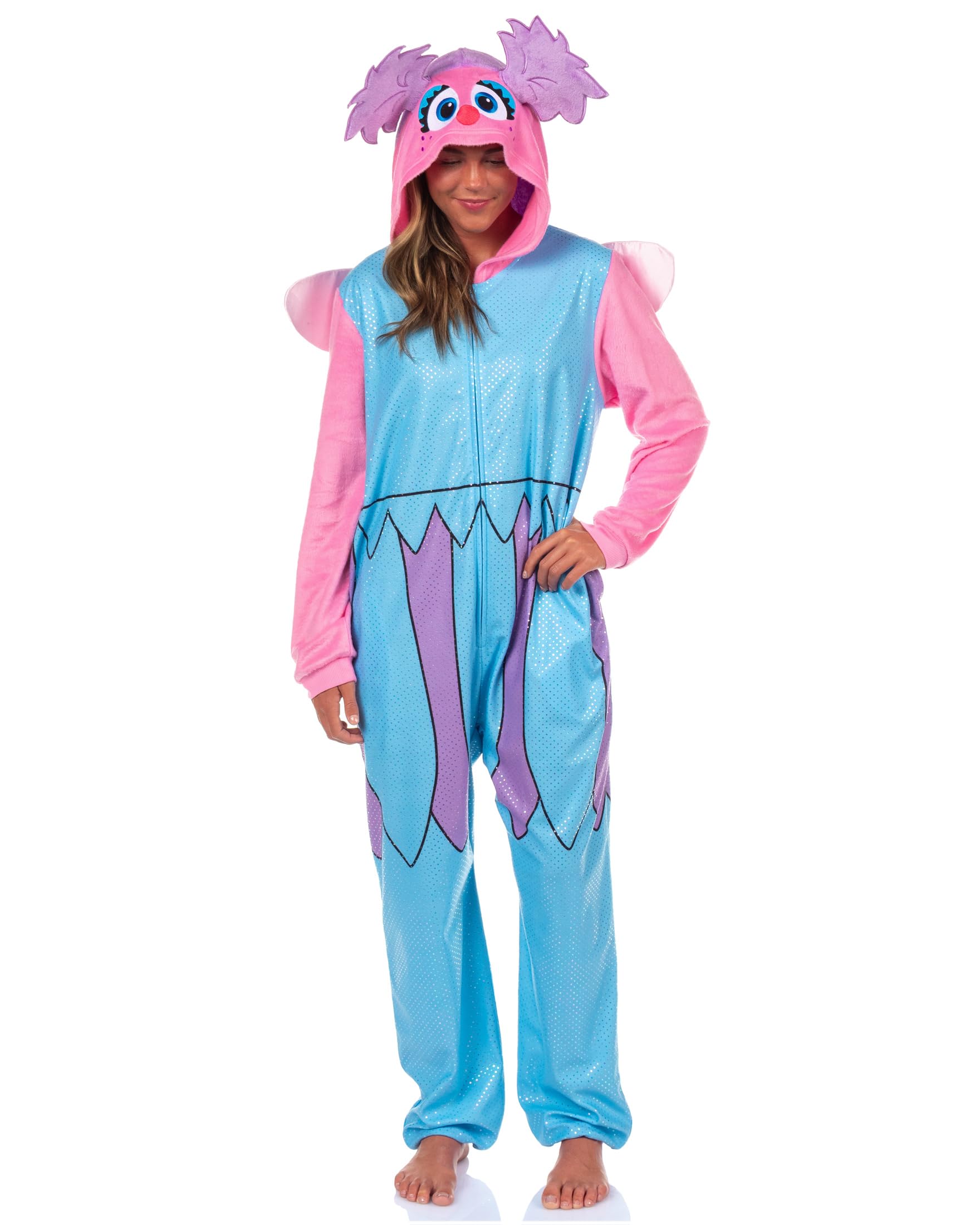 Sesame Street Union Suit Womens Abby Cadabby 3D Hair And Wings Costume Hooded One Piece Pajama (Abby, S/M) Multicolored