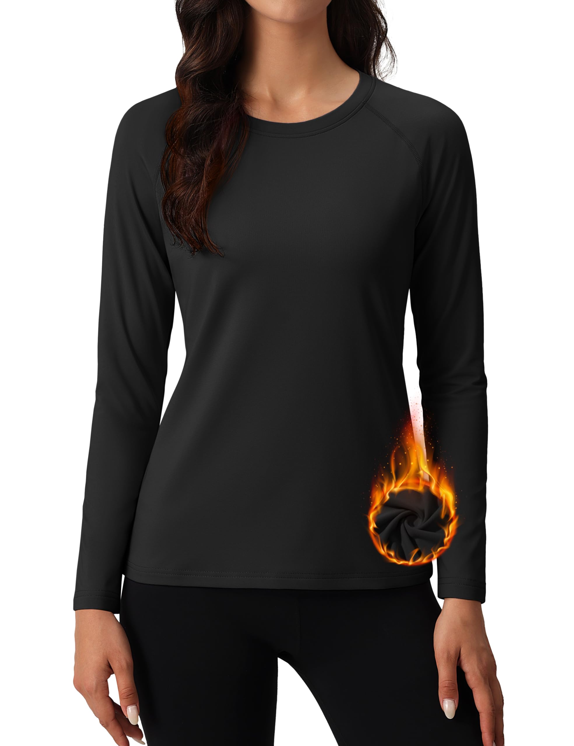 MAGCOMSEN Fleece Tops for Women Long Sleeve Thermal Undershirts Running Pullover Athletic Hiking Shirt Warm Black
