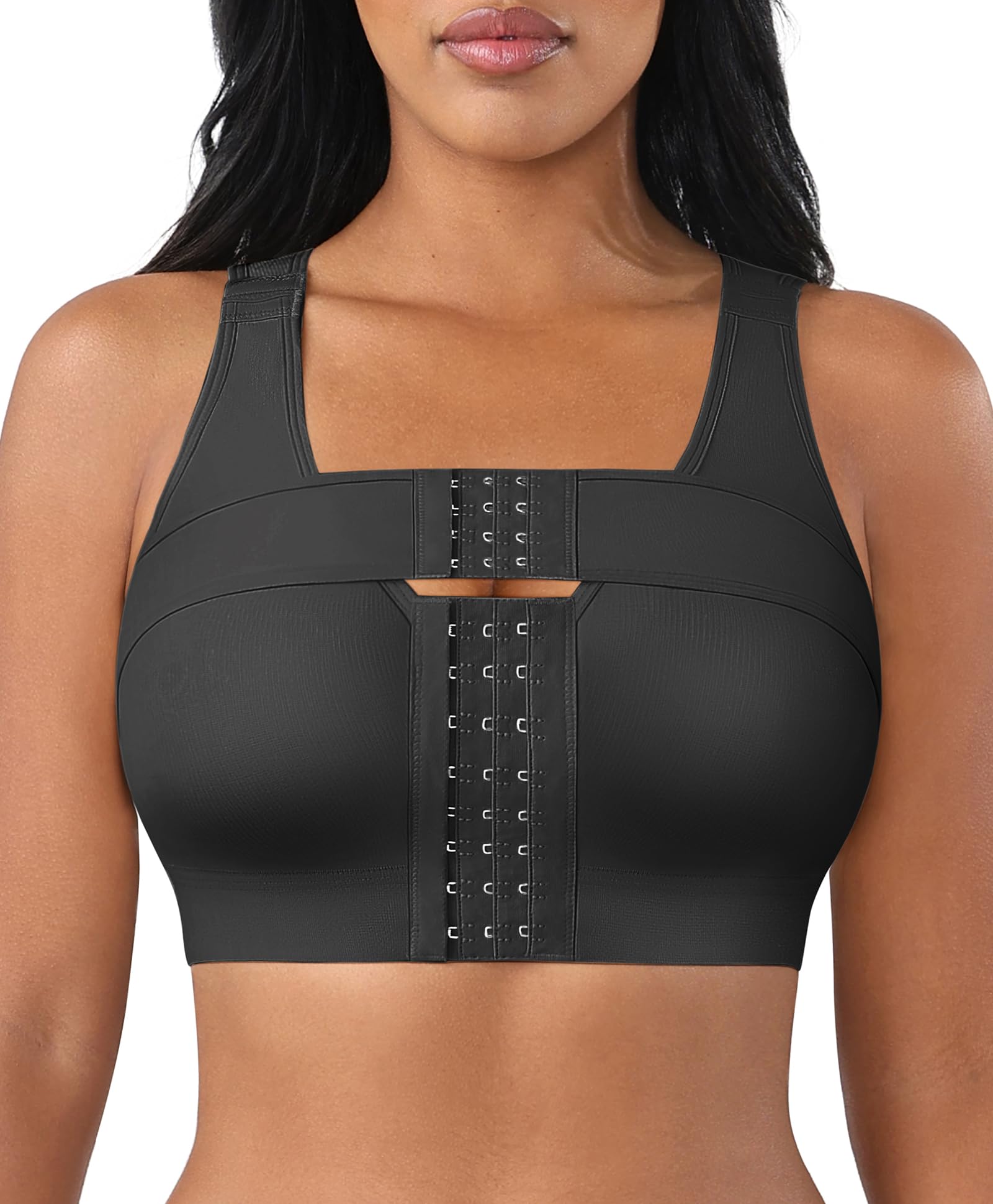 FeelinGirl Post Surgery Bras Front Closure Compression Bra Wirefree Surgical Bra with Breast Support Band Black L