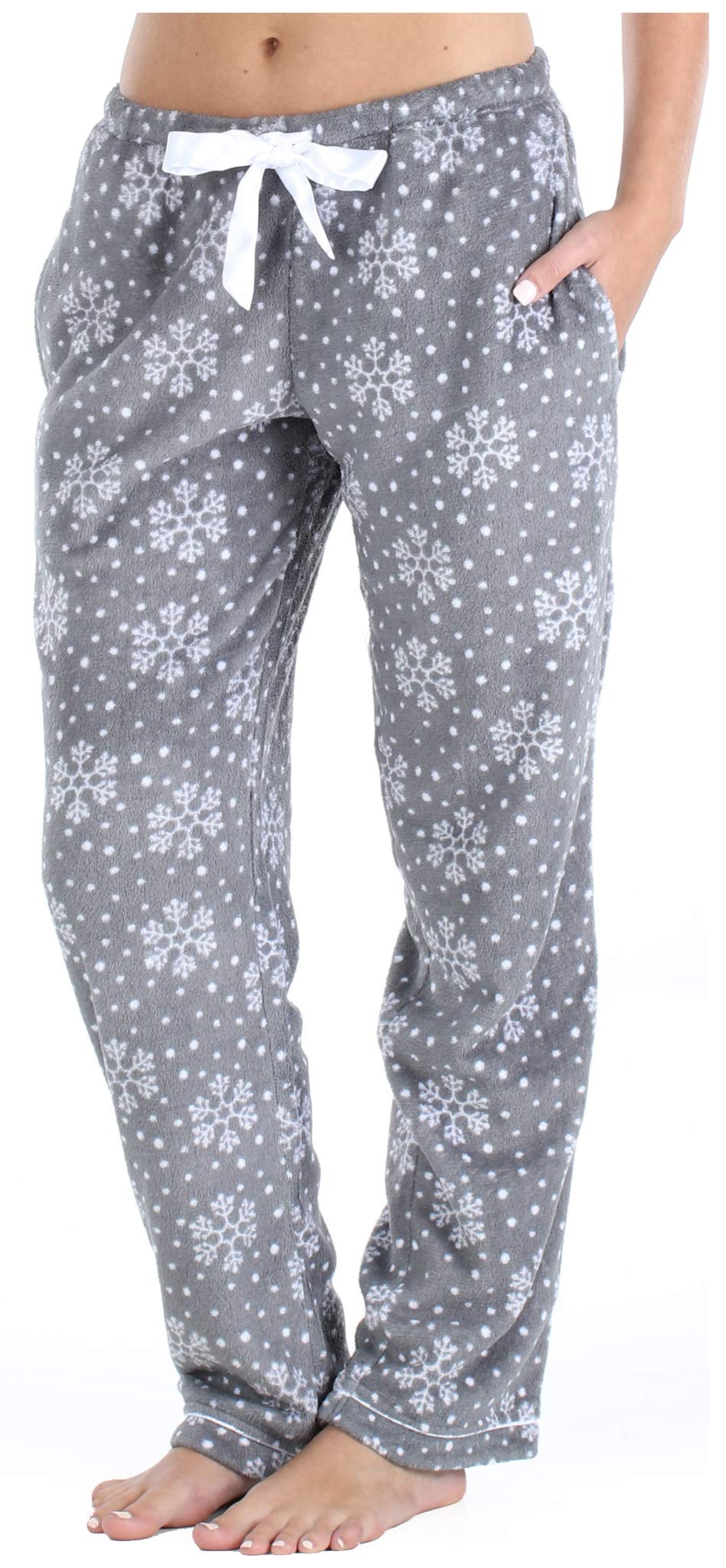 PajamaMania Womens Fleece Pajama Pants with Satin Drawstring, Winter Snowflake, Large