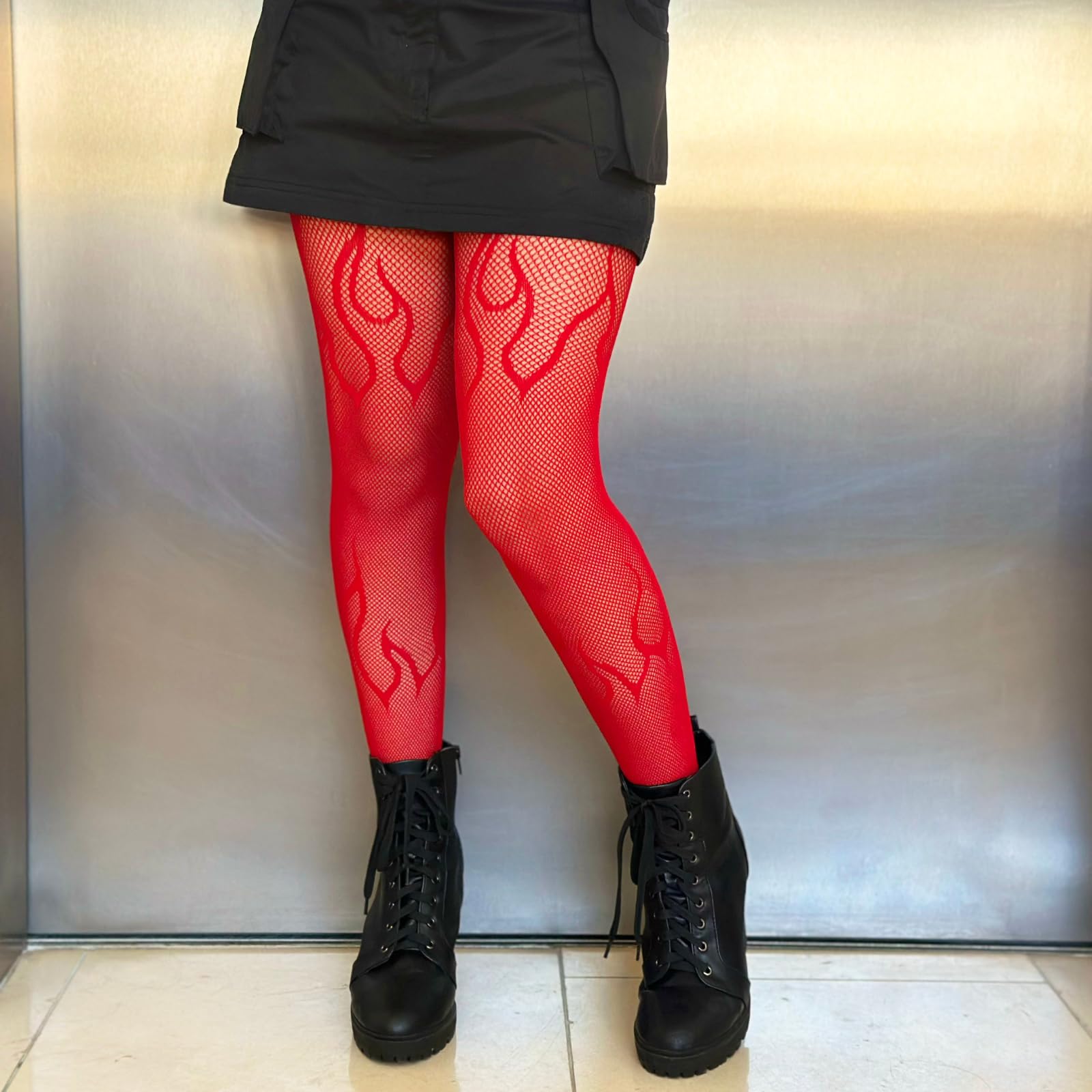 Flame Net Tights. - O/S / Red