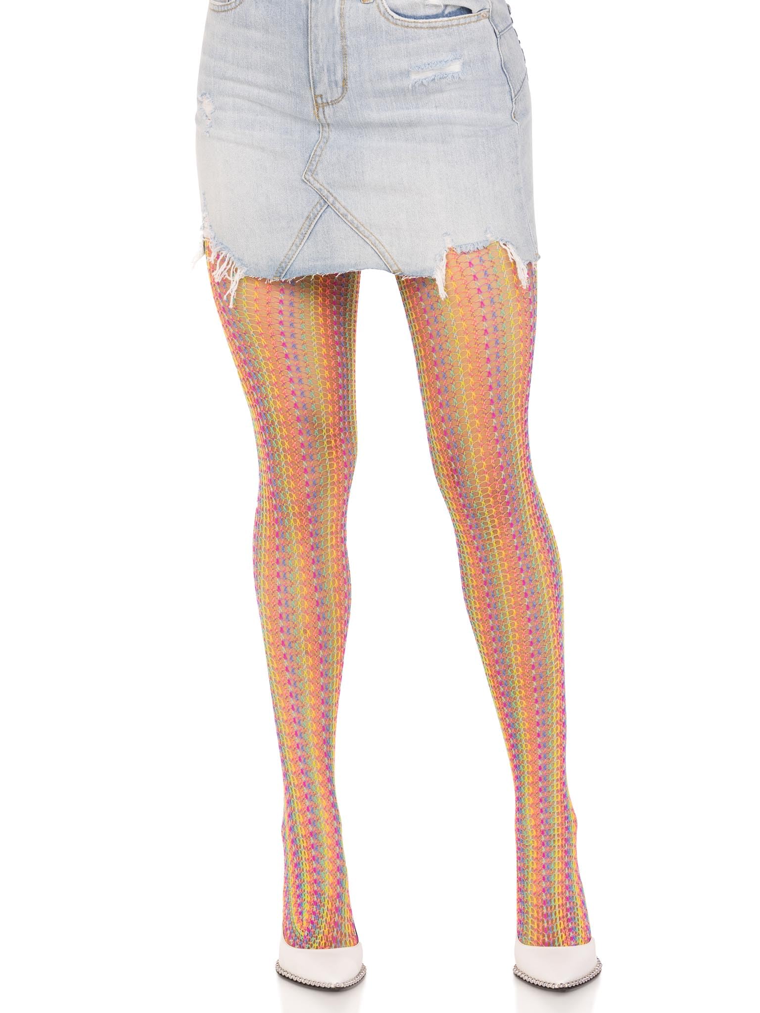 Rainbow crochet net tights.