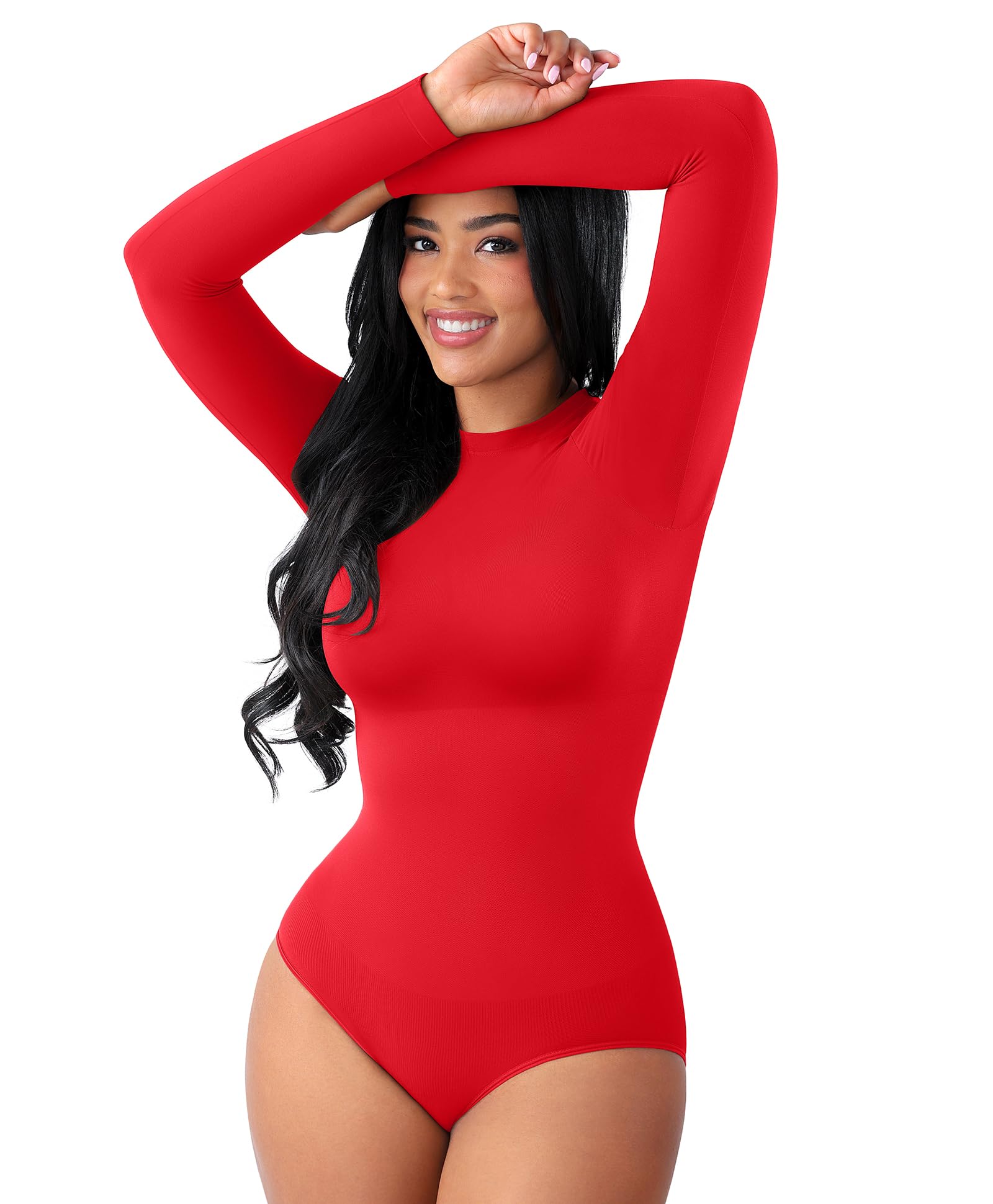 FeelinGirl Shapewear Bodysuit High Neck Bodysuits Fashion Long Sleeve Body Shaper Tummy Control Tops Shirts Red X-Large-XX-Large