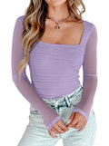 AGECODE Womens Square Neck Mesh Long Sleeve Bodysuit Shirts Ruched Body Suit Leotard Tops Purple Large