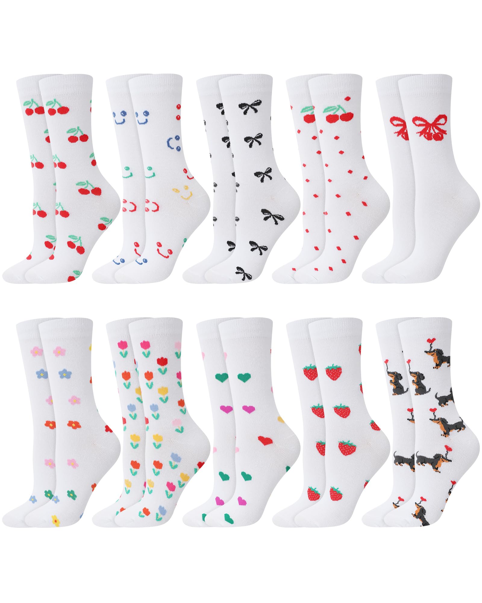 Cutecrop 10 Pairs Floral Socks for Women Novelty Cute Flower Crew Socks for Lady Spring Birthday Inspirational Gift(Cute Style)