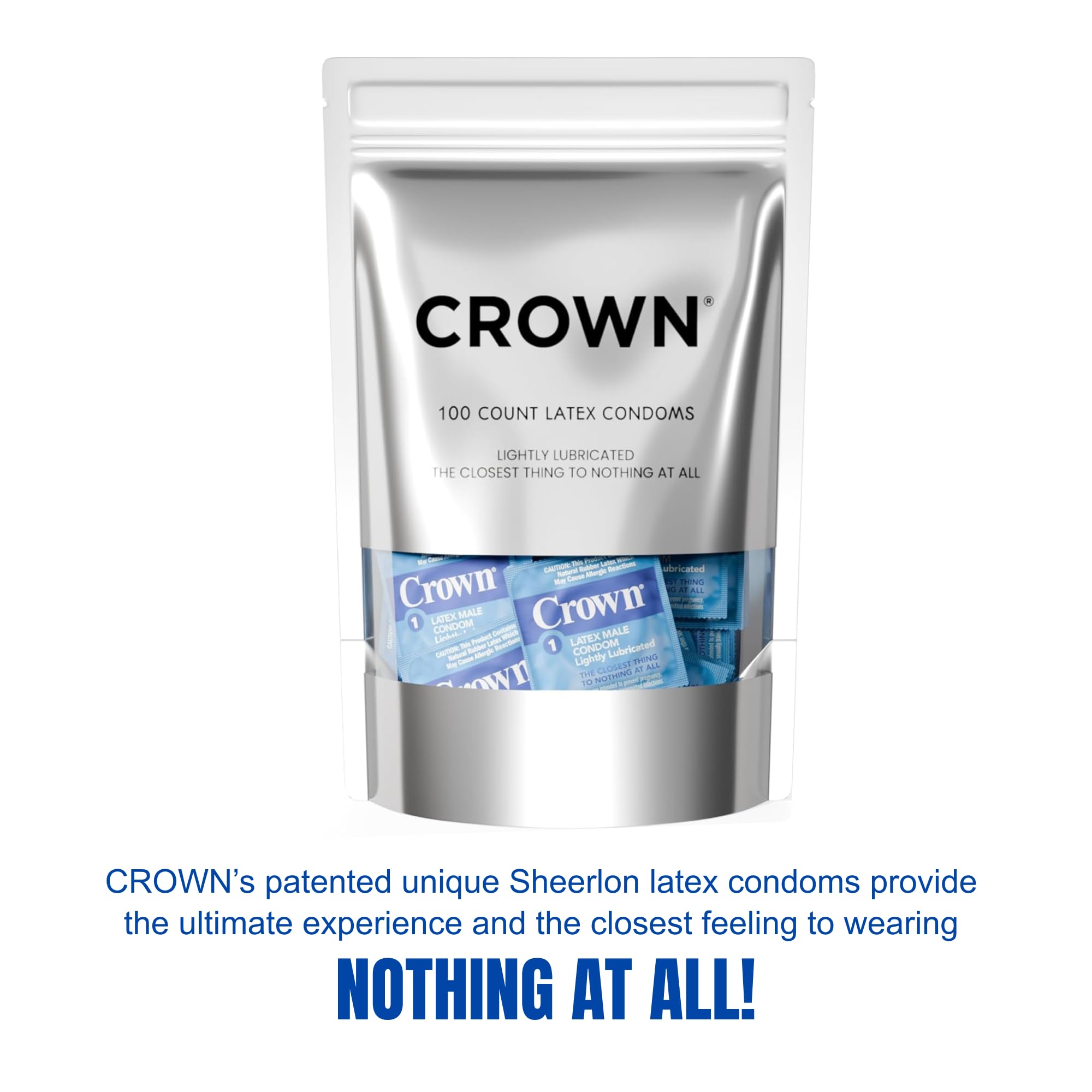 Crown Condoms - 100 Count - Lubricated Latex Condoms - Silkier, Thinner and Stronger (Pack of 100)