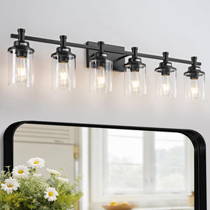 Aixialin Modern Black Bathroom Vanity Lighting Over Mirror,6 Lights Bathroom Vanity Lights With Clear Glass Shade, Metal Vanity