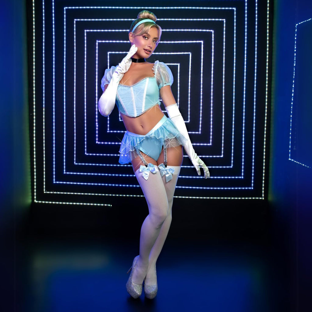 4 PC Glass Slipper Cinderella, includes boned sweetheart crop top with organza sleeves, garter panty with shimmer sheer skirt, r