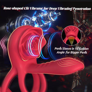 Vibrating Cock Ring Penis Sleeve with Rose Clitoral Stimulator, Penis Ring Vibrator Couples Adult Sex Toys for Men Women, Penis