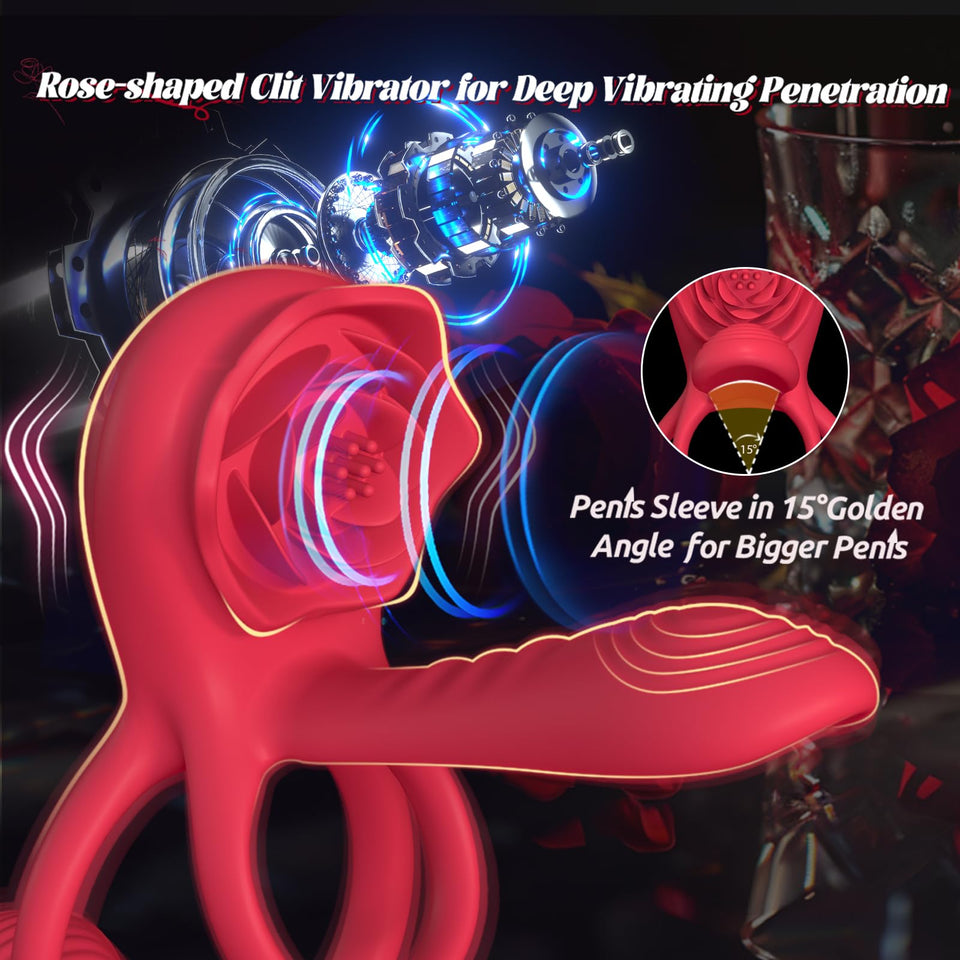 Vibrating Cock Ring Penis Sleeve with Rose Clitoral Stimulator, Penis Ring Vibrator Couples Adult Sex Toys for Men Women, Penis