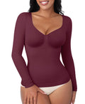 FeelinGirl Long Sleeve Compression Shirts for Women Shapewear Tummy Control Slimming Body Shaper V Neck Top Burgundy Large