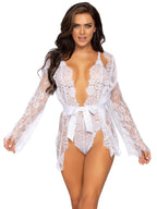 3 Pc Floral Lace Teddy With Ad - Medium / White