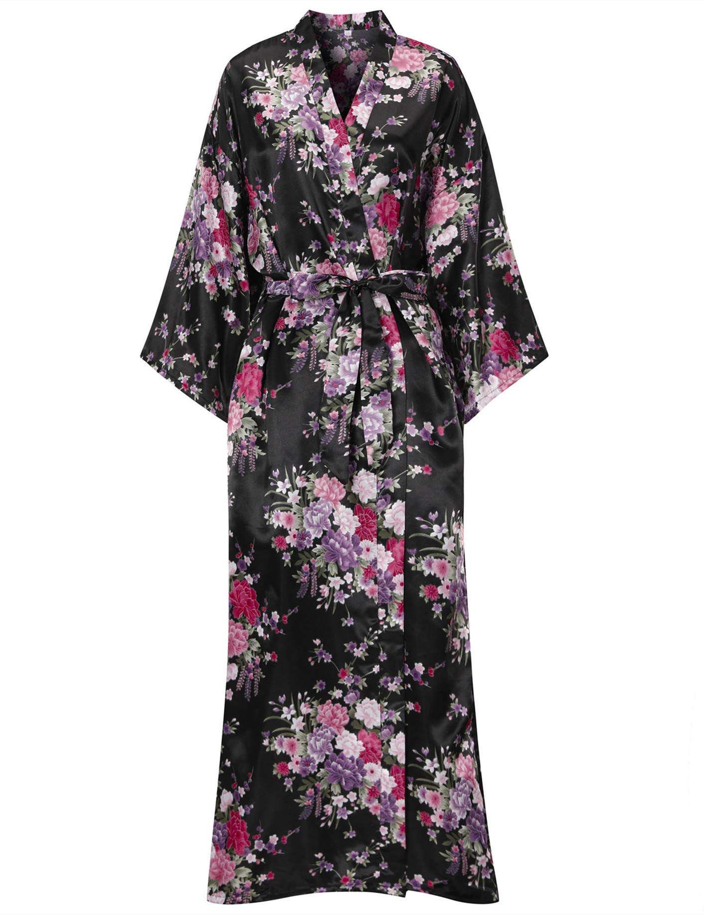 MizzGenio Womens Plus Size Robes Floral Long Satin Robes Silk Kimono Robes Sleepwear Loungewear, Black, 4XL/5XL