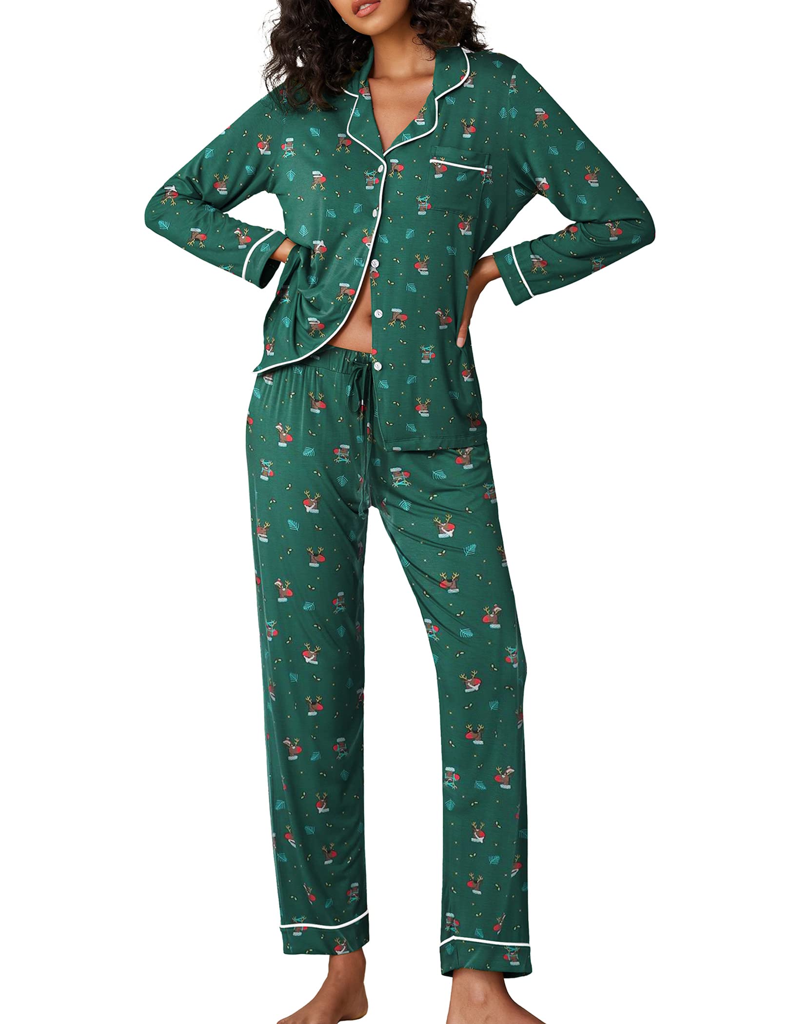 Ekouaer Pajamas Womens Long Sleeve Sleepwear Soft Button Down Loungewear Pjs Lounge Set Nightwear,Christmas Green with Elk,Medi