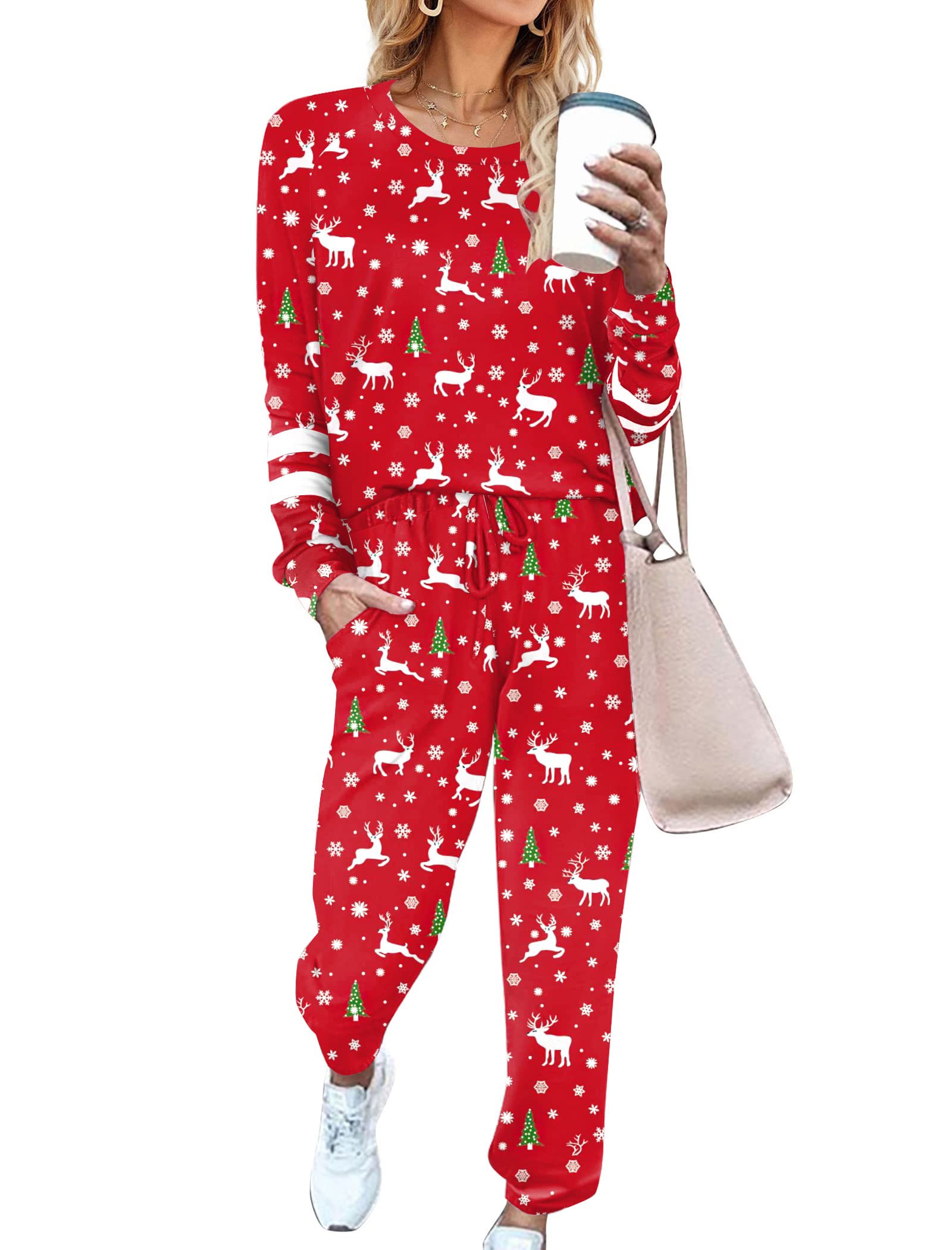 Ekouaer Sweatsuits Womens Loungewear Set Tracksuit Long Sleeve Pajamas Set with Pockets 2 Piece Outfits Lounge Sets Christmas Re