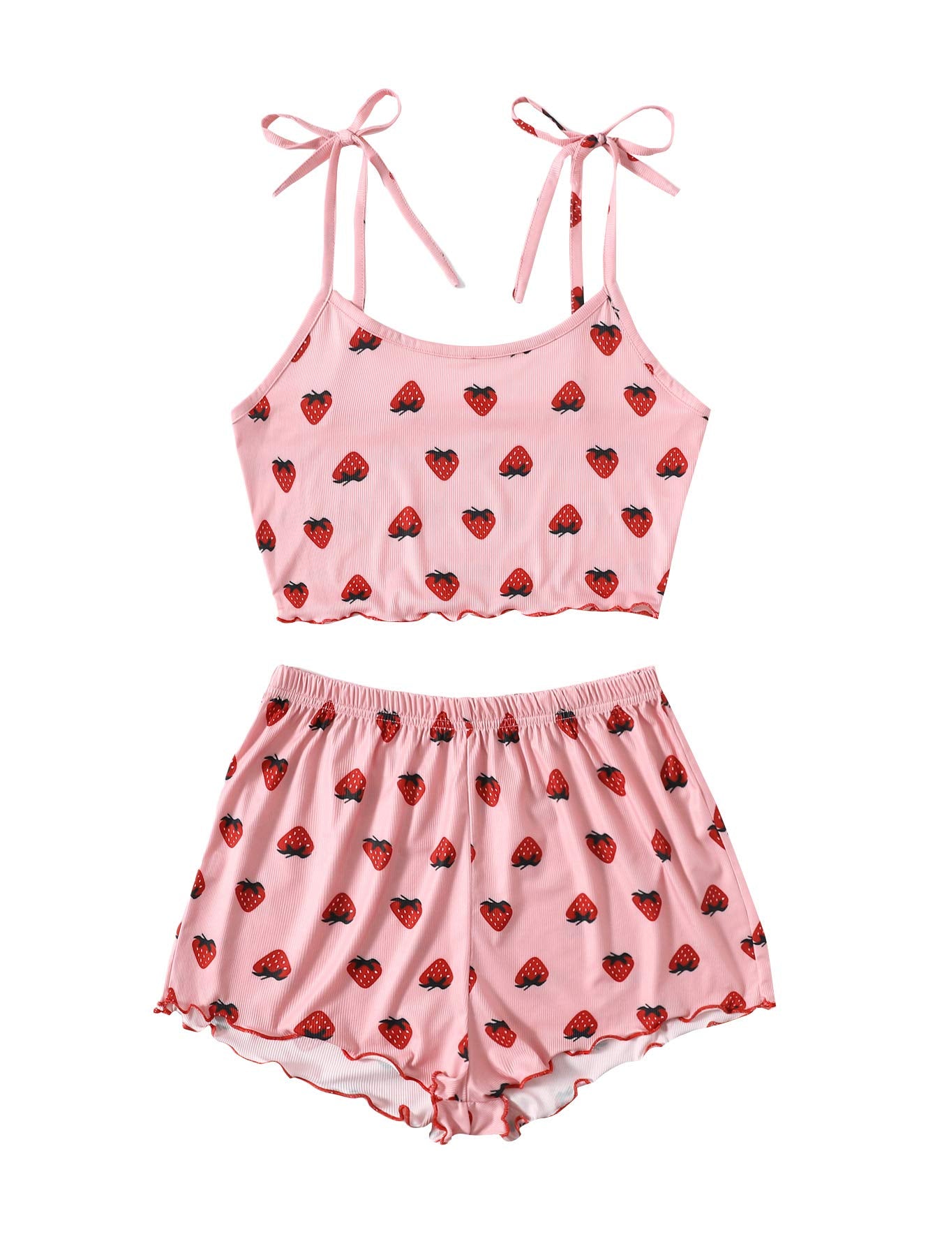 SweatyRocks Womens Summer Strawberry Print Cami Top and Shorts Sleepwear Pajamas Set Strawberry Pink M