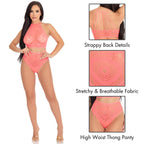 2Pc Crochet Lace Halter Crop T - Med/Lge / Coral