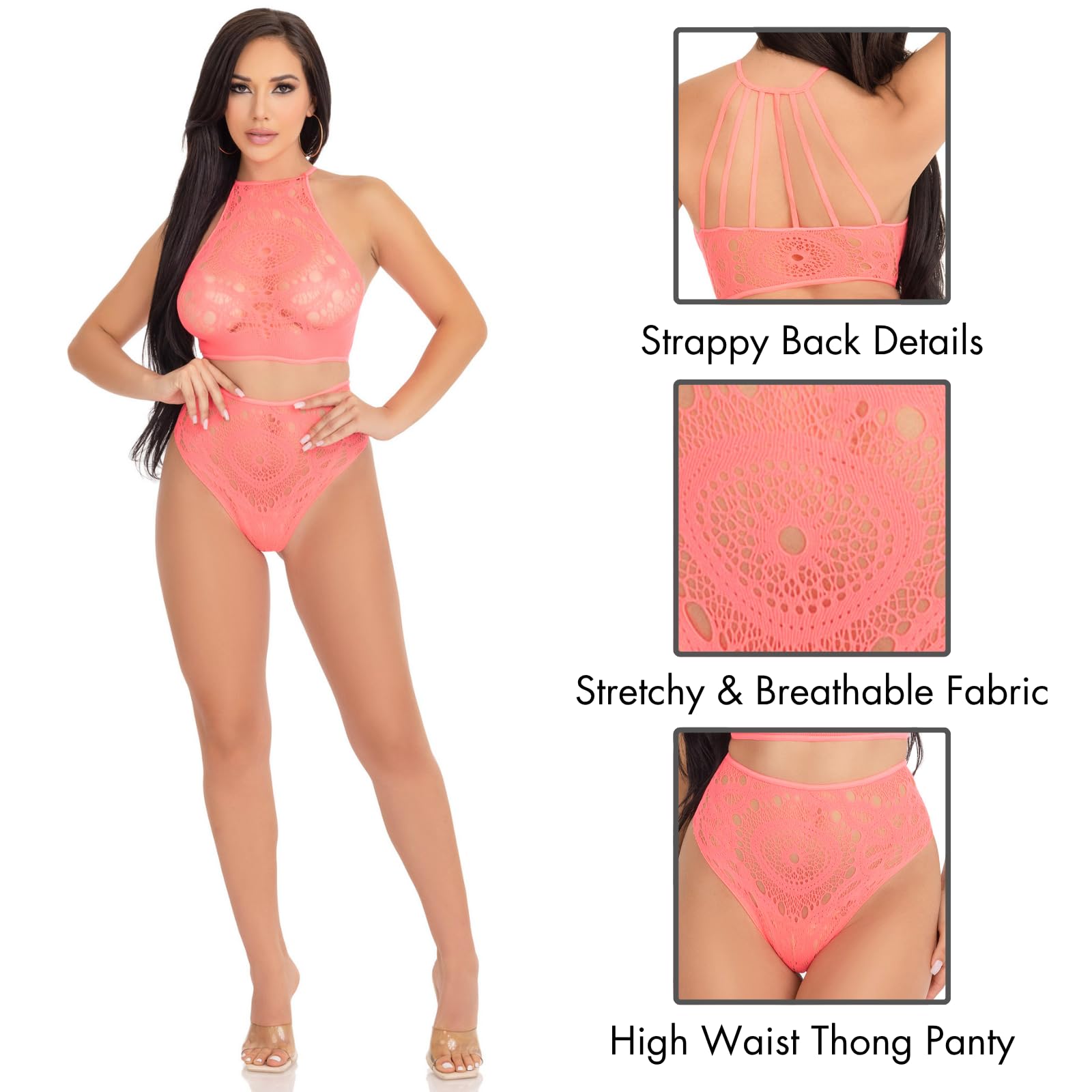 2Pc Crochet Lace Halter Crop T - Med/Lge / Coral