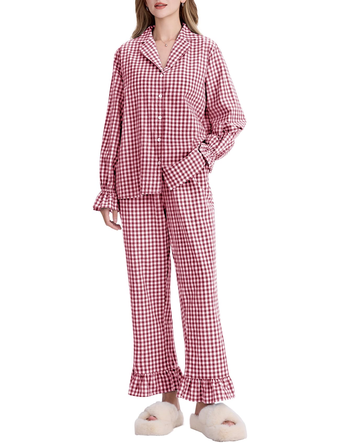 Kissonic Women Gingham Pajama Sets Cotton Long Sleeve Button Down Shirt and Pants Y2K Pjs Lounge Set Sleepwear(Red-M)