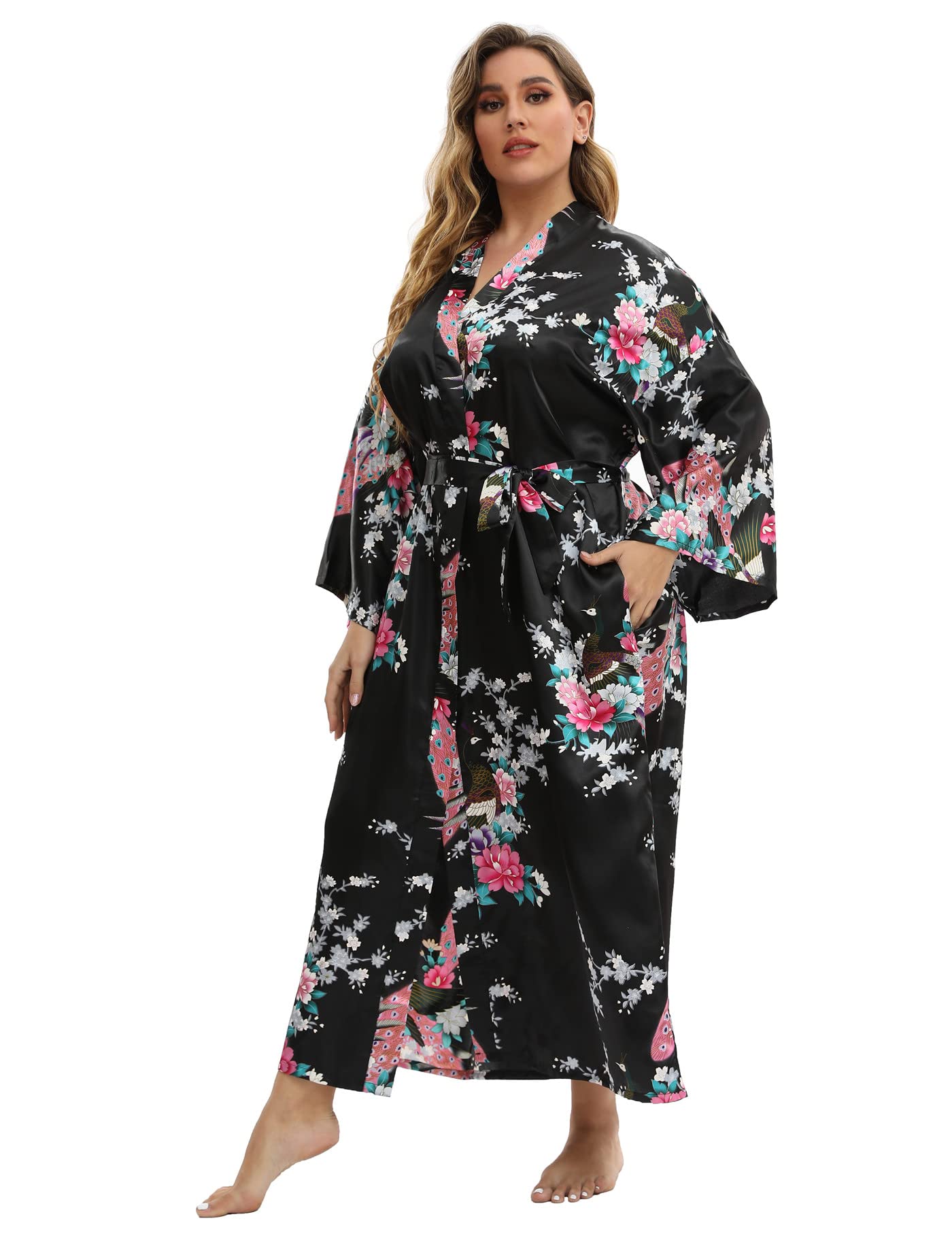 feslieacc Womens Long Robes Plus Size Long Satin Robes Black Floral Long Silk Robes Dressing Gown, Black, 2XL/3XL