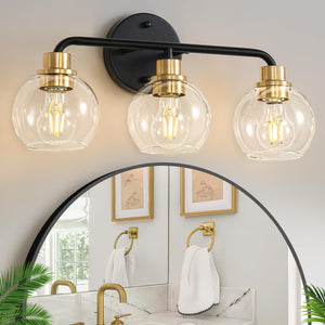 3 Light Bathroom Vanity Light, Black And Gold Bathroom Light Fixtures With Clear Glass Shade Modern Wall Sconces Lighting Bath W